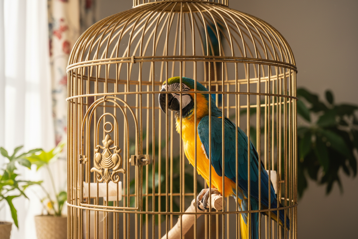 Arara azul e amarela na gaiola