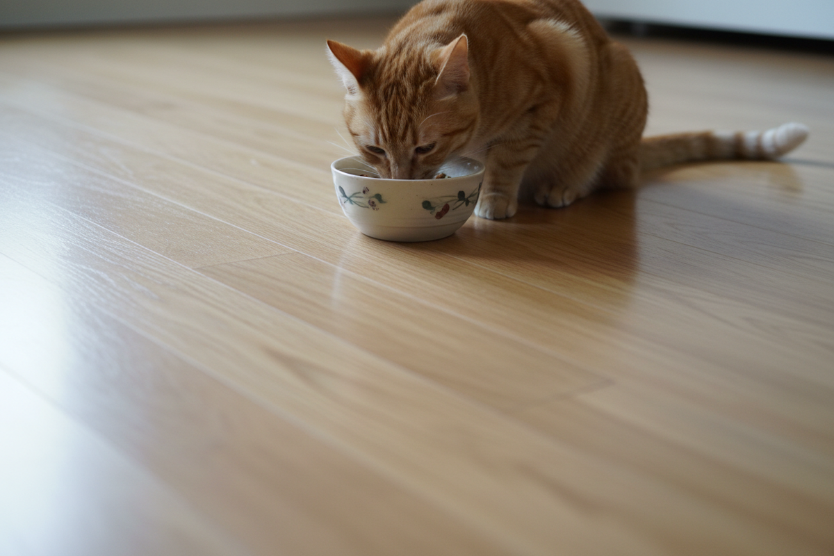 Gato a comer no chão limpo