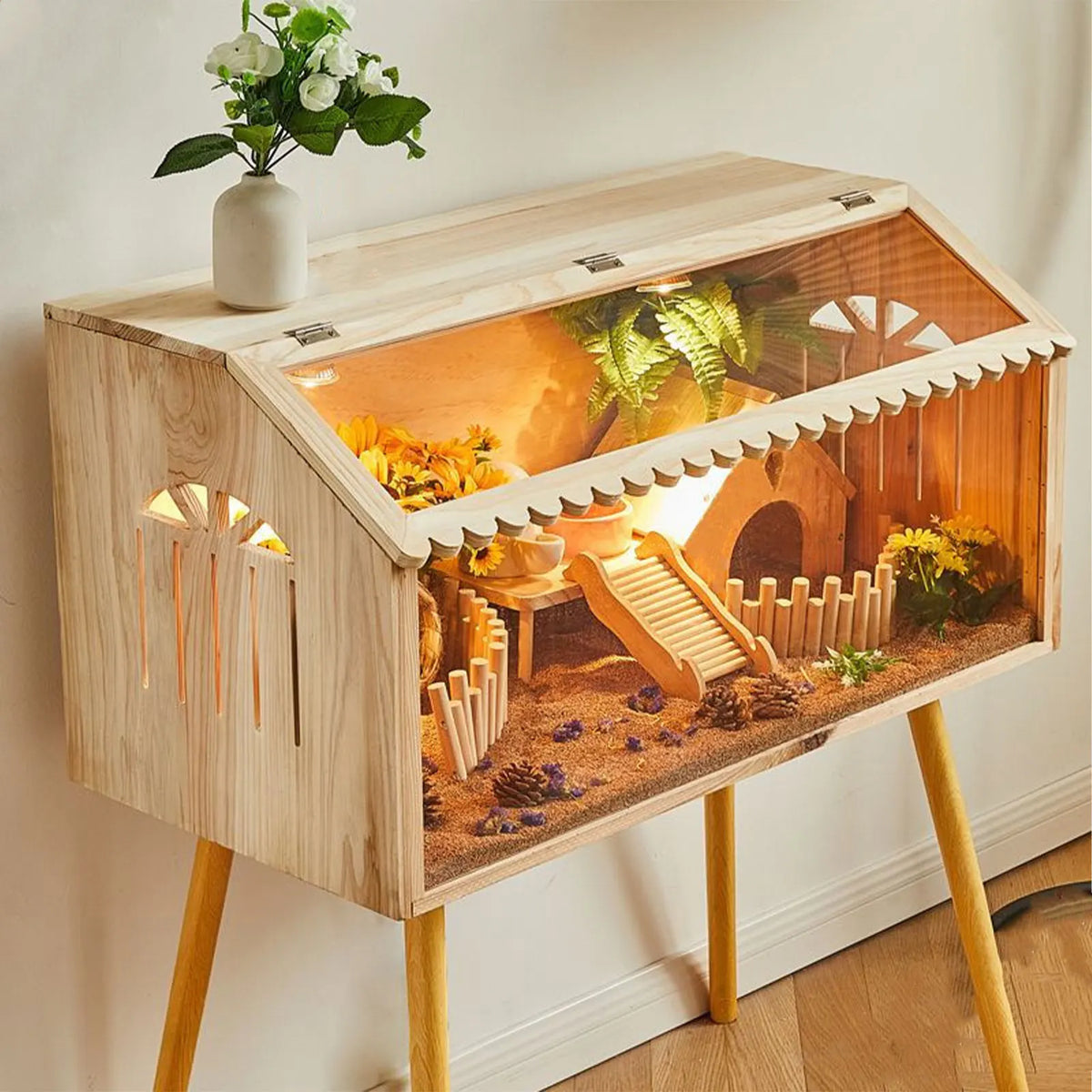 Wooden Hamster Cage Breathable with Window Nest Hideaway Hamster Habitat for Reptiles Mice Chinchillas Guinea Pig Hedgehog