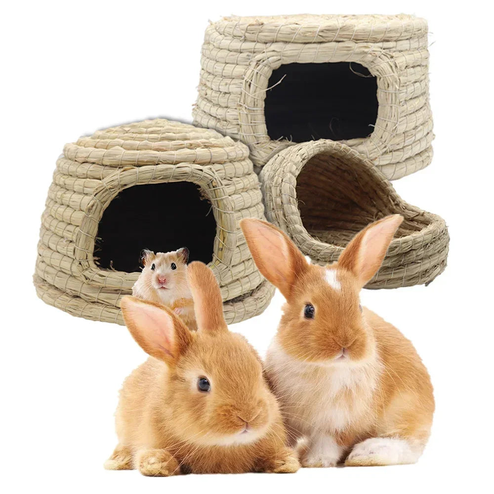 Haustier Kaninchen Grasbett Naturstroh gewebtes Haus Hasen Kauspielzeug Heu Nest Bett für Hamster Chinchillas Mäuse Kleintiere