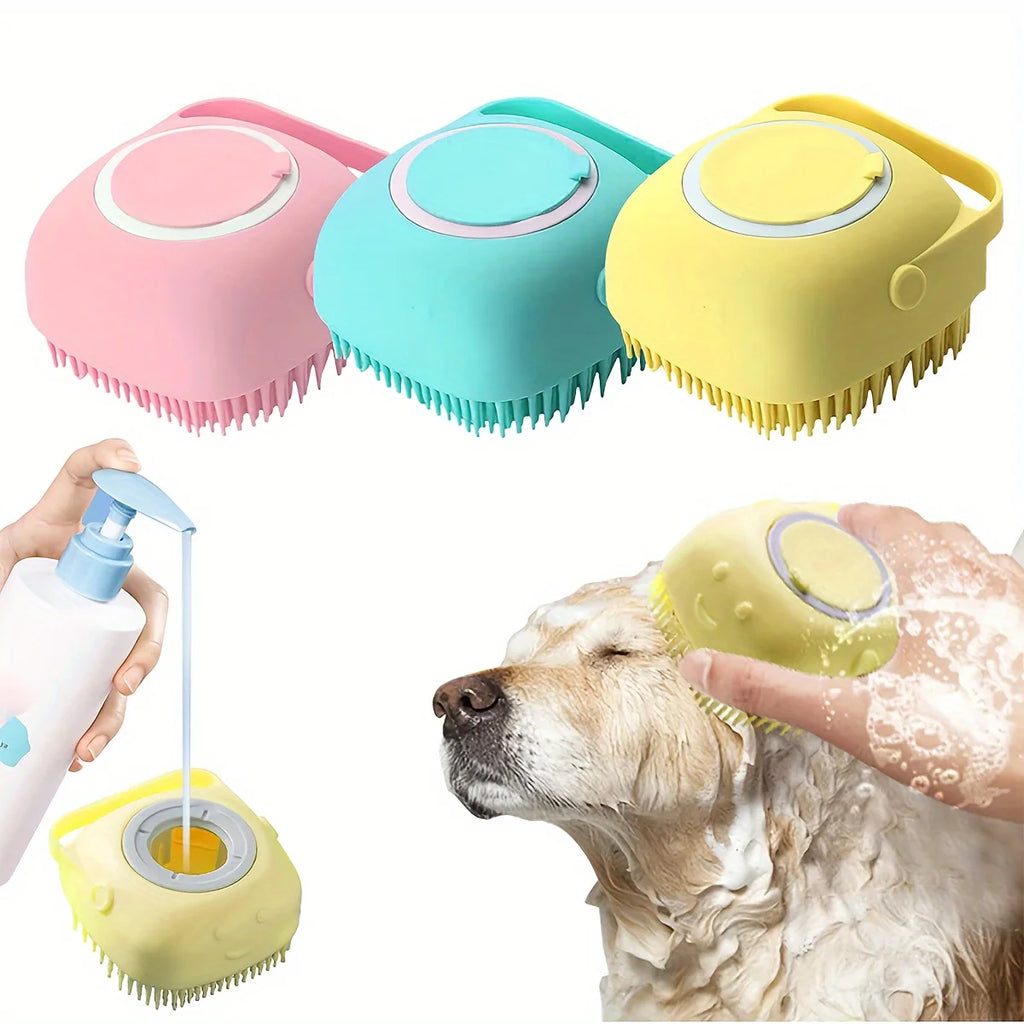 Hundebadebürste Haustier-Massagebürste Shampoo-Spender Weiche Silikonbürste Gummiborsten für Hunde und Katzen Duschpflege-Werkzeug