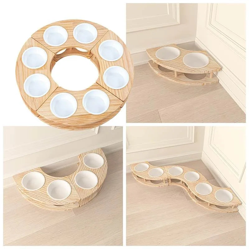 High-Quality Honeycomb-Shaped Cat Food Bowl Set Ceramic with Round Wooden Base for Home Pet Care and Feeding