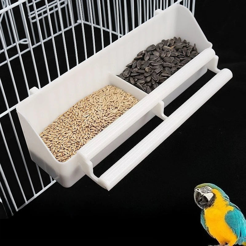 Bird Food Feeder Parrot Hanging Food and Water Bowl Double Grid Food Dispenser For Parrots Parakeets Pigeons