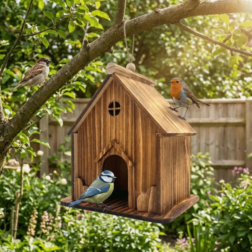 Bird Cages Rainproof Wooden Bird House Ventilation Decorative Hanging Birdhouse Handmade Hatching Nest Tree Balcony