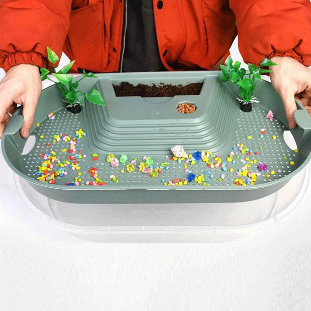Turtle Habitat Turtle Cage Bottom Drainage Basking Stage Clear Lid Area Habitat Breeding Box for Hermit Gecko Hermit Crab Small