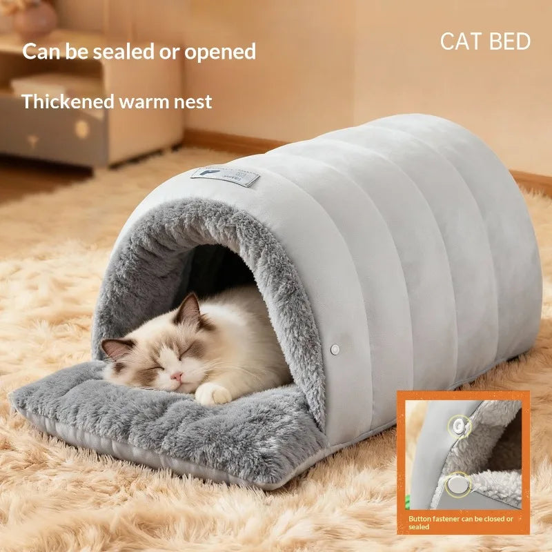 Semi-Enclosed Cat Bed Winter Warm Cat Cave Bed Washable Cat House Non-Slip Warm Waterproof Bottom for Indoor Cats Anti-Anxiety