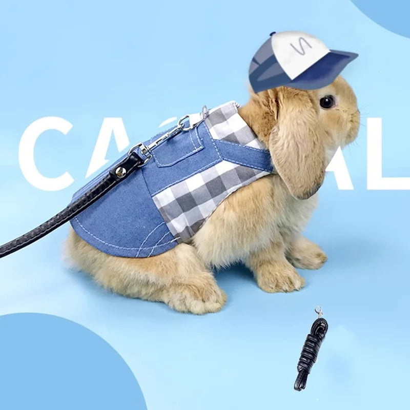 Denim Rabbit Bunny Costume Clothes with Buckle Leash Walking Pet Harness for Small Animals Gotas Guinea Pig Mascotas Accessories