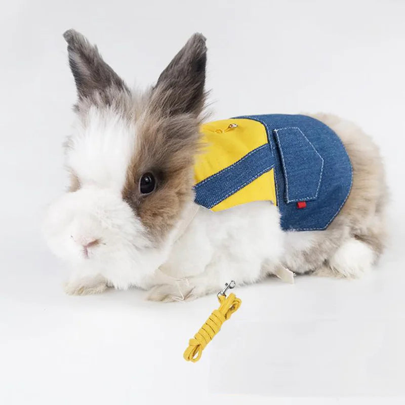 Denim Hasen-Kostümkleidung mit Schnallenleine, Spaziergeschirr für kleine Tiere, Tropfen, Meerschweinchen, Haustierzubehör