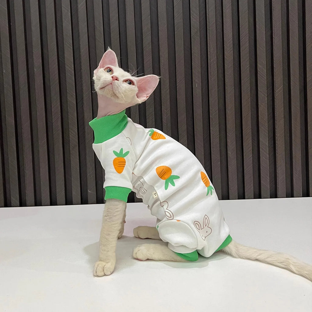 Four-Legged Cartoon Clothes, Carrot and Bunny Print Clothes, Hairless Cat Clothes, Sphynx Cat Clothes, Devon Cat Clothes, All-inclusive, Anti-shedding, with Sleeves