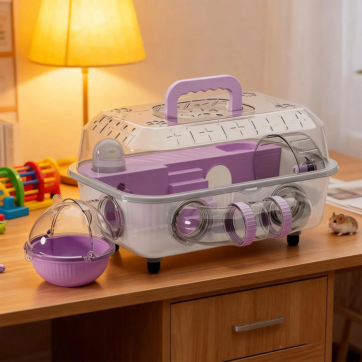 Hamster Cages 2-Layer Detachable Transparent Carrier With Tunnel And Silent Wheel 37x25x22cm Hamster Habitat For Exercise