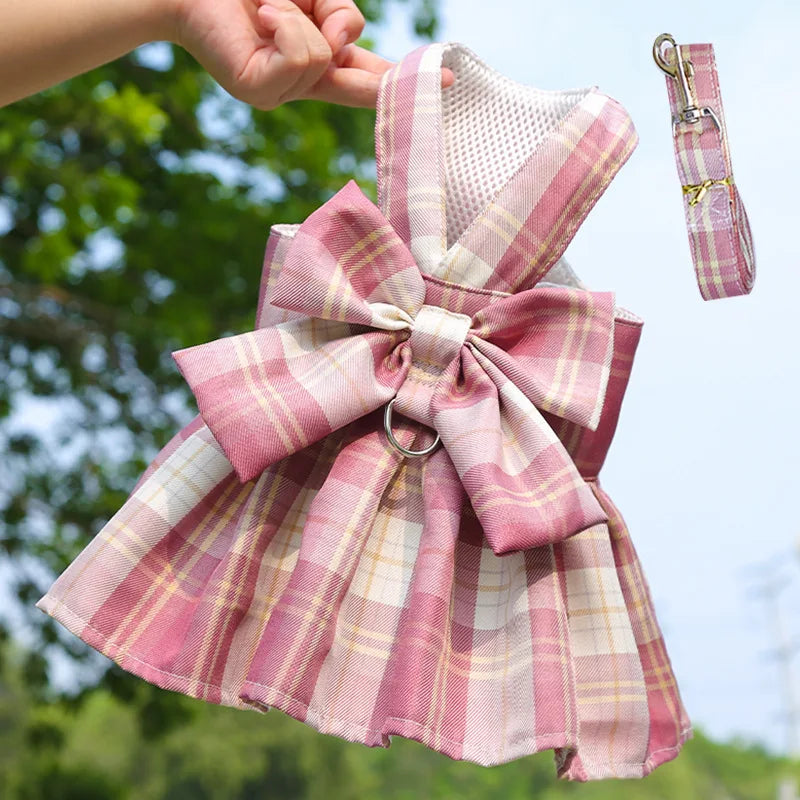 Rabbit JK Dresses and Leash Sets Mesh Plaid Pet Vest Harness for Cats Bunny Summer Small Animals Clothes Rabbits Accessories
