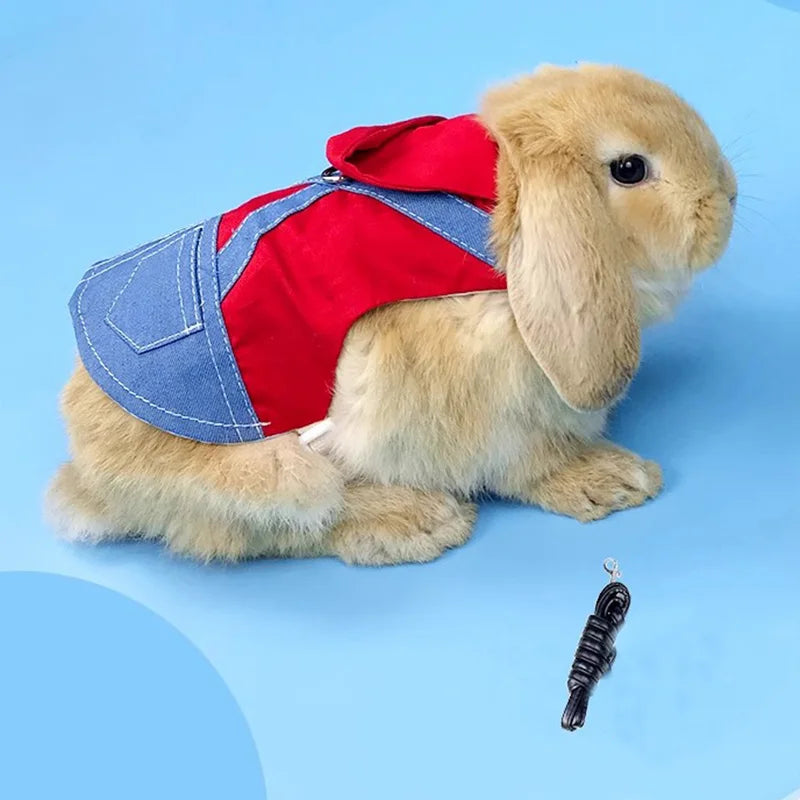 Denim Rabbit Bunny Costume Clothes with Buckle Leash Walking Pet Harness for Small Animals Gotas Guinea Pig Mascotas Accessories