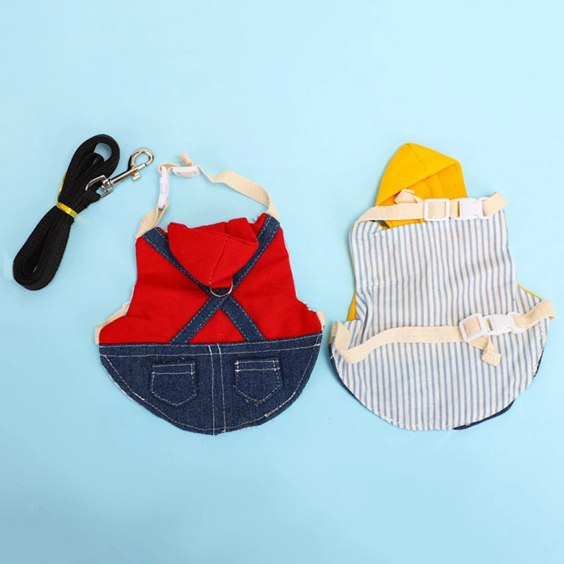 Denim Hasen-Kostümkleidung mit Schnallenleine, Spaziergeschirr für kleine Tiere, Tropfen, Meerschweinchen, Haustierzubehör