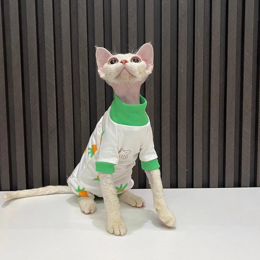 Four-Legged Cartoon Clothes, Carrot and Bunny Print Clothes, Hairless Cat Clothes, Sphynx Cat Clothes, Devon Cat Clothes, All-inclusive, Anti-shedding, with Sleeves