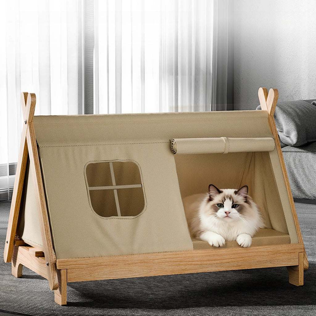 Katzenbett mit Fenster Katzenzelt aus Holz Erhöhtes Haustierhaus Hundebett mit stabilem Rahmen Haustierbedarf Sicheres, bequemes Katzenbett