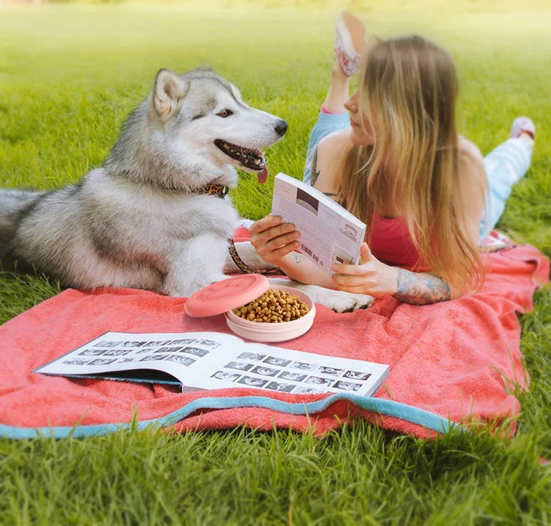 Tragbarer Outdoor-Tiernapf: 2-in-1 Reise-Futter-/Wassernapf für Hunde mit Leckerliefach für Wandern, Camping und unterwegs