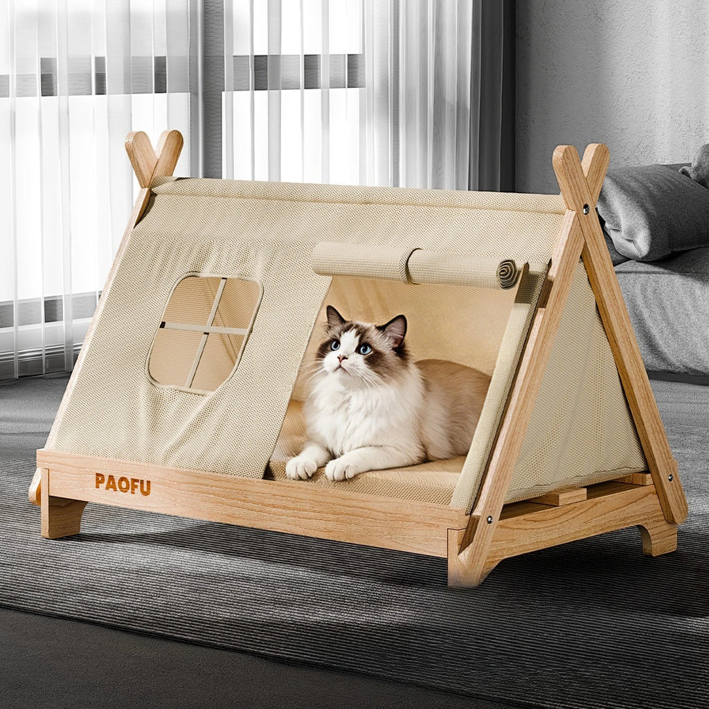 Katzenbett mit Fenster Katzenzelt aus Holz Erhöhtes Haustierhaus Hundebett mit stabilem Rahmen Haustierbedarf Sicheres, bequemes Katzenbett