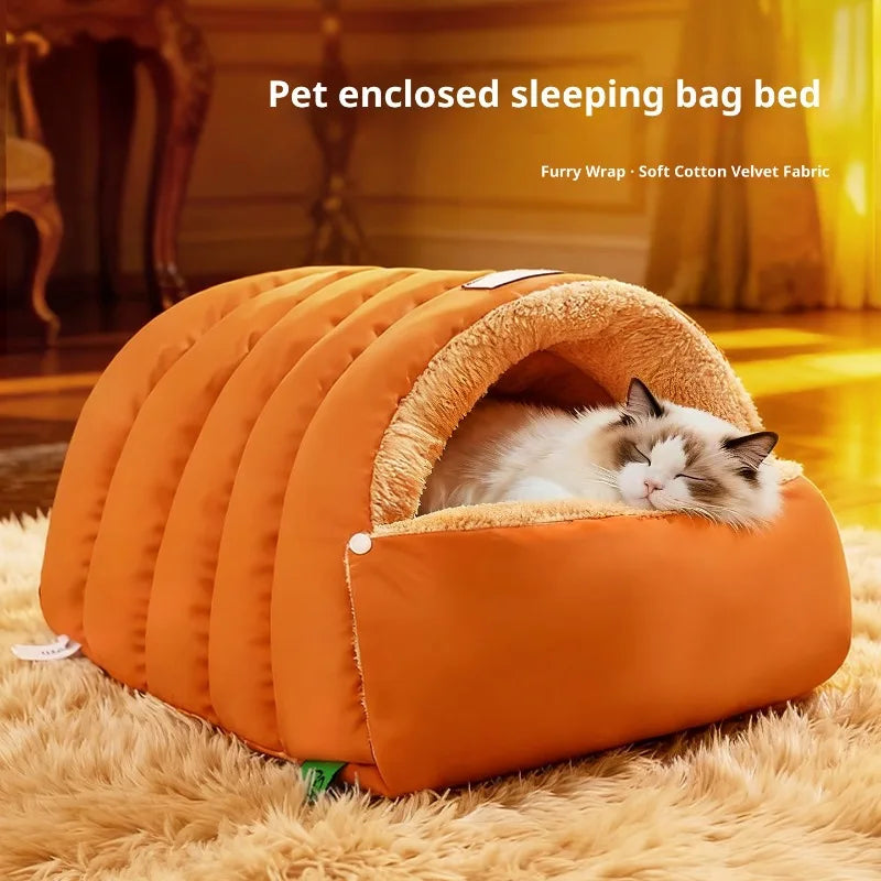 Semi-Enclosed Cat Bed Winter Warm Cat Cave Bed Washable Cat House Non-Slip Warm Waterproof Bottom for Indoor Cats Anti-Anxiety