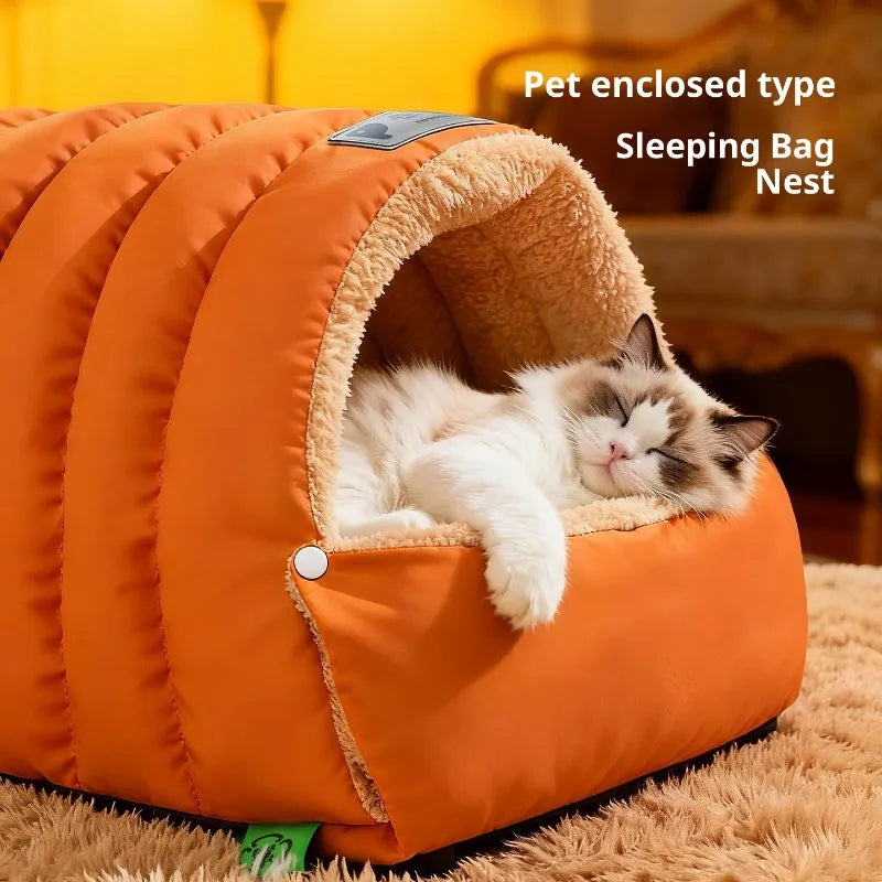 Semi-Enclosed Cat Bed Winter Warm Cat Cave Bed Washable Cat House Non-Slip Warm Waterproof Bottom for Indoor Cats Anti-Anxiety