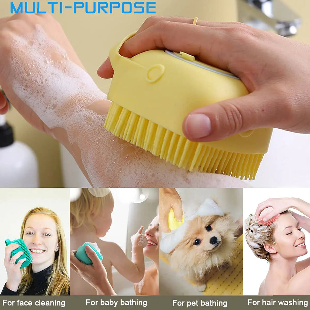 Hundebadebürste Haustier-Massagebürste Shampoo-Spender Weiche Silikonbürste Gummiborsten für Hunde und Katzen Duschpflege-Werkzeug