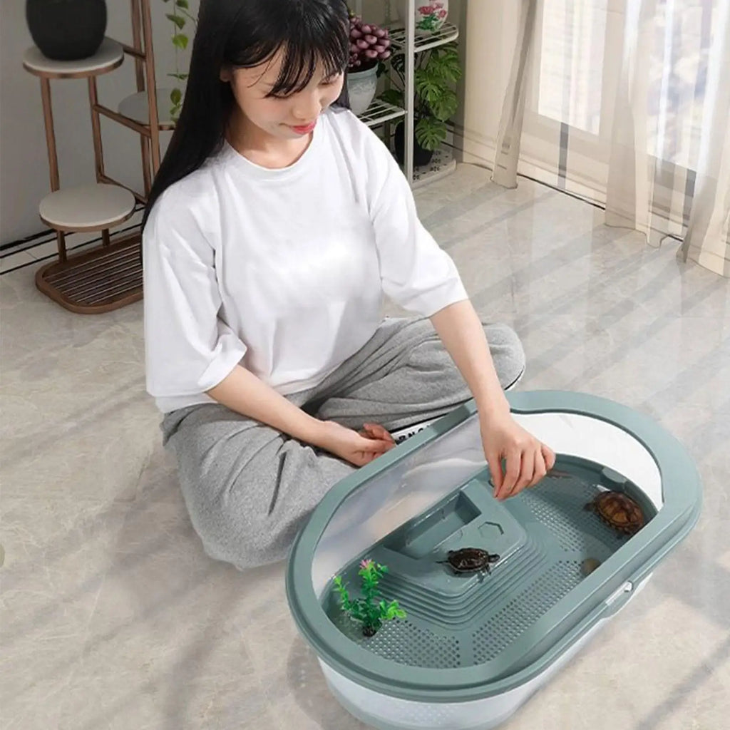 Turtle Habitat Turtle Cage Bottom Drainage Basking Stage Clear Lid Area Habitat Breeding Box for Hermit Gecko Hermit Crab Small