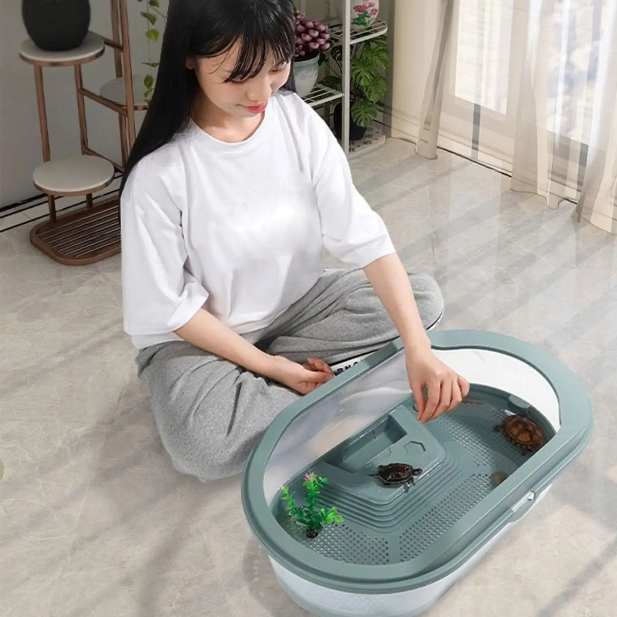 Turtle Habitat Turtle Cage Bottom Drainage Basking Stage Clear Lid Area Habitat Breeding Box for Hermit Gecko Hermit Crab Small