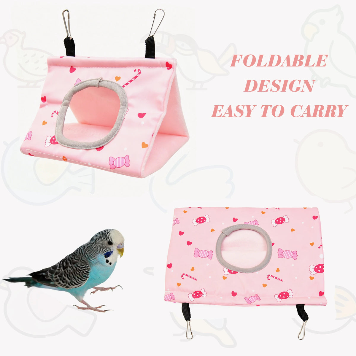 Vogelnesthöhle für kleine Vögel – Gemütliche Käfig-Hängematte, weiches und sicheres Vogelhaus, Blau / Grün-Weiß / Rosa, S/M/L