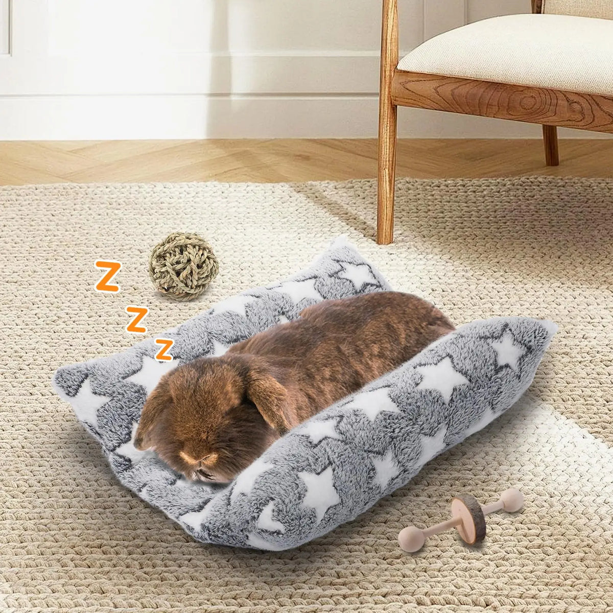 Rabbit Bed - Thick and Soft Concave-Shaped Rabbit Bed, Pillow-Style Soft Cushion, with a Recliner-Style Pillow, Suitable for Indoor Rabbits in Cages, a Sleeping Gift for Rabbits, Gray Star Pattern